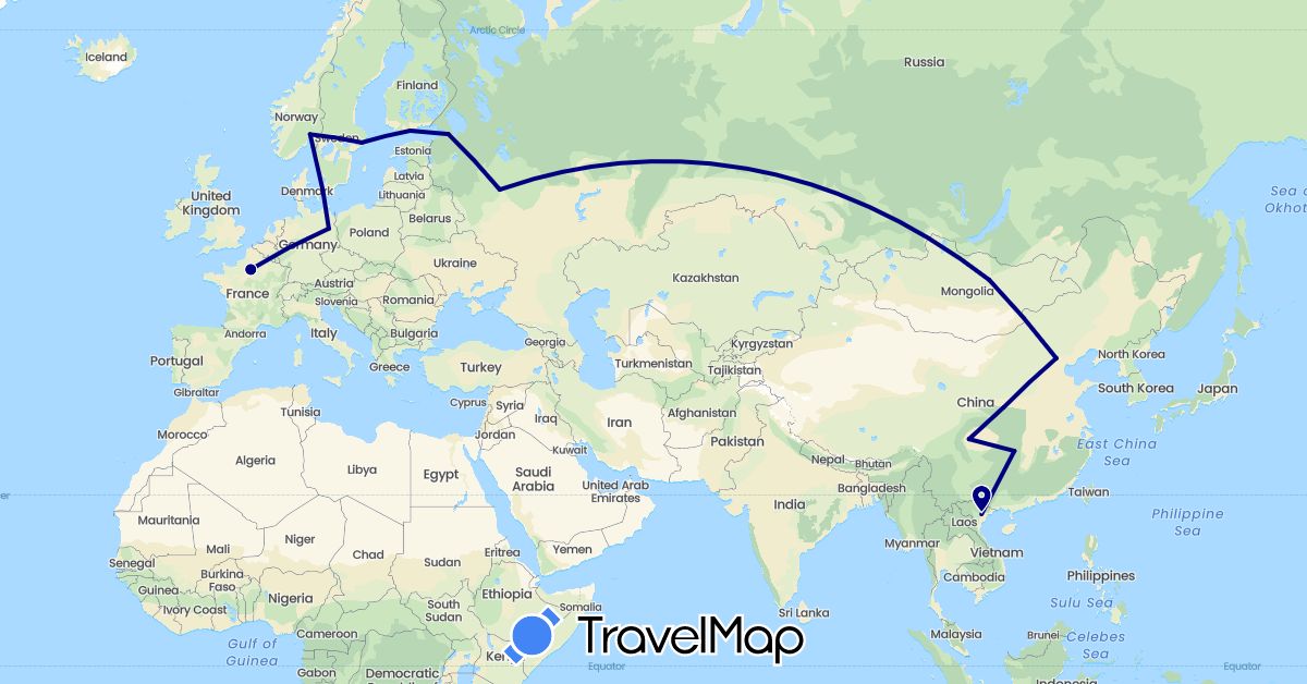 TravelMap itinerary: driving in China, Germany, Denmark, Finland, France, Mongolia, Norway, Russia, Sweden, Vietnam (Asia, Europe)